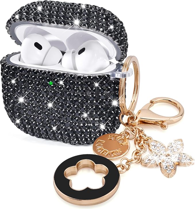 VISOOM Bling Airpods Pro 2nd Generation Case - AirPods Pro 2 Case Cover with Lanyard Women 2024 Crystal iPod Pro 2 Wireless Charging Case Girl Keychain for Apple Airpod Gen Pro 2 (Black)