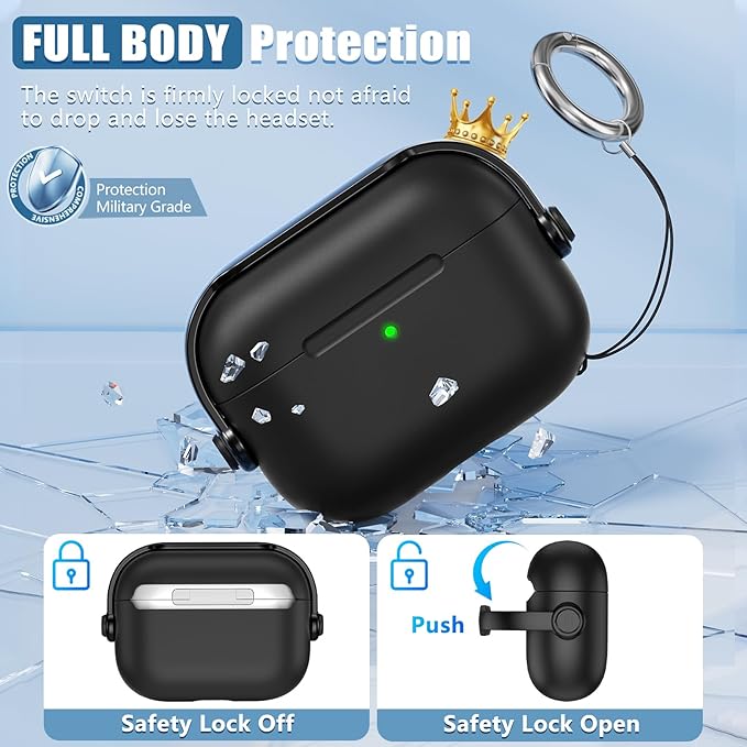 for Airpods Pro 3 Case,Safety Lock Cases for Apple Airpod Pro 3 (2025) with Cleaner Kit, Drop Protection Air pods Pro3 Case Cover for Men for Women with Keychain,Black