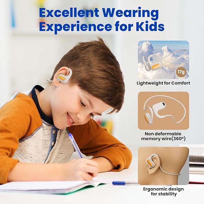 85dB Volume-Limited Kids Headphones, Wireless Bluetooth 5.2 Open-Ear Air Conduction Headphones, Lightweight Stereo Sound with Mic, 10H Playtime, USB Charging, Safe for School, Travel & Outdoor - White
