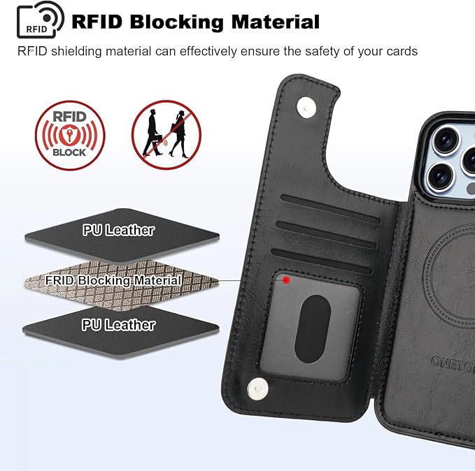 ONETOP Compatible with Magsafe for iPhone 13 Pro Max Wallet Case with Card Holder, PU Leather Kickstand RFID Blocking Case, Double Magnetic Clasp and Durable Shockproof Cover 6.7 Inch (Black)