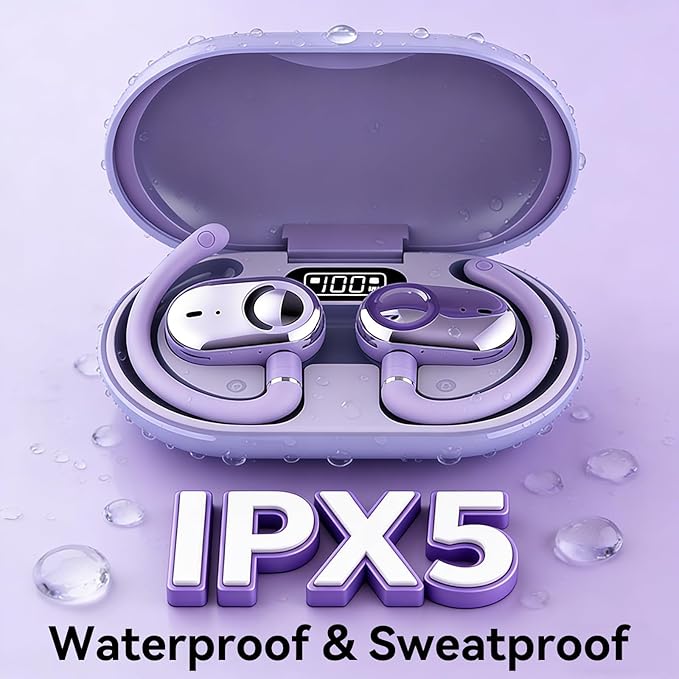 Purple Over Open Ear Earbuds Headphones Bluetooth Wireless Outside Out of Ear Buds Hook for Runners Wrap Around Ears Air Bone Conduction Headsets Workout Sports Eabuds Earphones with Earhooks
