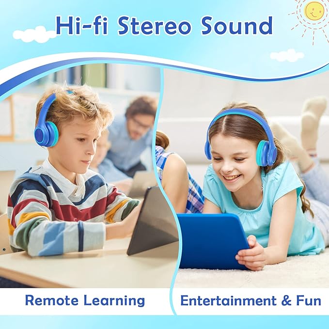Kids Bluetooth 6.0 Headphones with LED Light, 85Hours Playtimes, Type-C Fast Charging, 85/94dB Volume Limited, Comfort Wireless Headphones with Built-in Mic, Wired & TF Card Mode, Blue