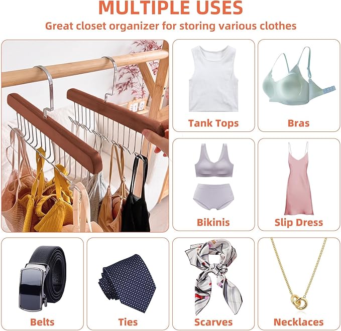 4 Pack Wooden Tie Hanger,Belt Racks with Hooks,Tank Top Hangers,Bra Hanger for Closet Space Saving Wood Hangers,Closet Organizers and Storage for Belts/Bras/Tank Tops/Ties/Scarves/Purses