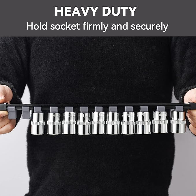 ALOANES 9PC ABS Socket Organizer, Socket Rails Fit 1/2 inch, 3/8 inch and 1/4 inch Drive, Heavy Duty Socket Holders Hold up to 129 Sockets, Black Rails with Grey Clips