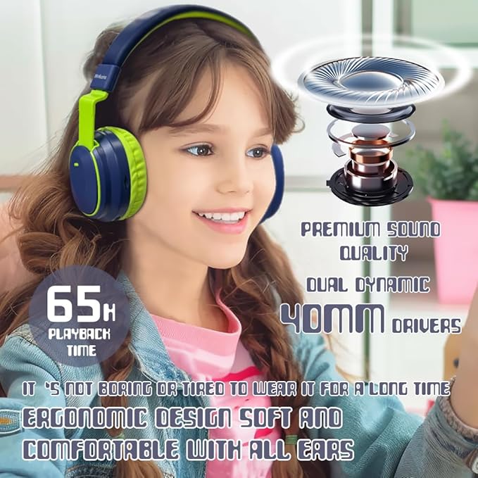 Kids Headphones Bluetooth 5.3 Wireless Lightweight Fast Charging 68 Hours Play Time Volume Limited 85/94dB Over Ear Foldable with Built-in Mic for Toddler Boy Tablet Pad Deepblue