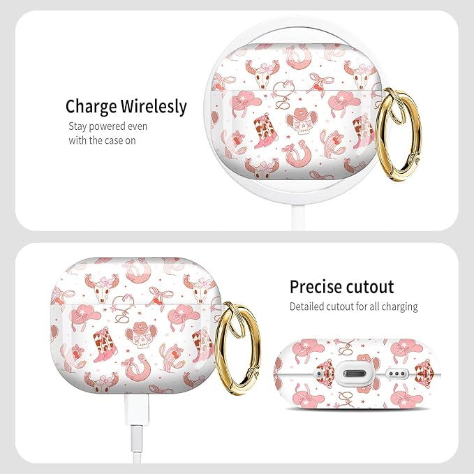 Cute Hard Case Compatible with AirPods Pro 3rd Generation Case (2025), Shockproof Protective Cover with Golden Keychain Ring Clip (Coquette Cowgirl)