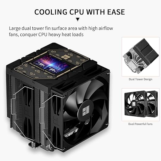 Thermalright Peerless Assassin 120 Vision Black CPU Cooler, PC Heatsink Cooler 6 Heat Pipes, 2.8’’ Magnetic Display Screen with 320x240 Resolution,for AM4/AM5,Intel LGA1700/1851/115x
