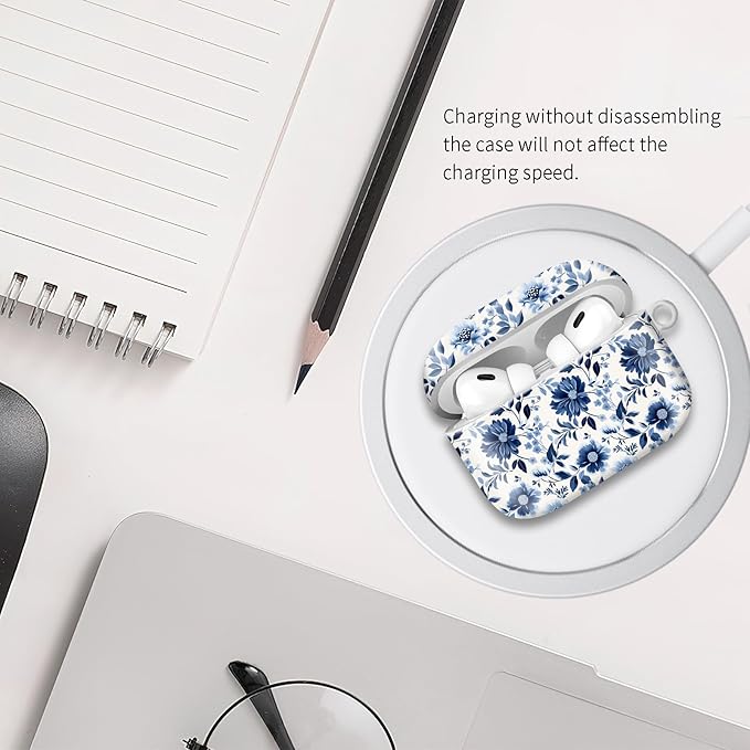 Compatible with Airpod pro 2nd/1st Generation Case Cover with Gold Round Keychain Cute Pattern Hard & Anti Slip Cover for Men Women & Girls（Blue and White）