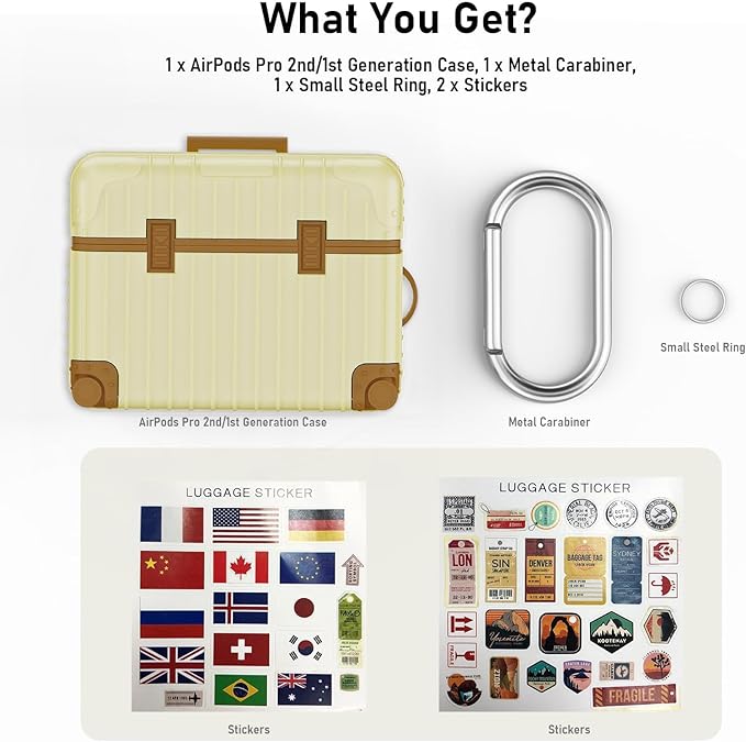 KOREDA Compatible with AirPods Pro 2nd/1st Generation Case Cover, Cute Funny Suitcase Design Case for Airpods Pro 2nd/1st Gen, Fashion Protective Hard Case for Women Men with Keychain (Beige)