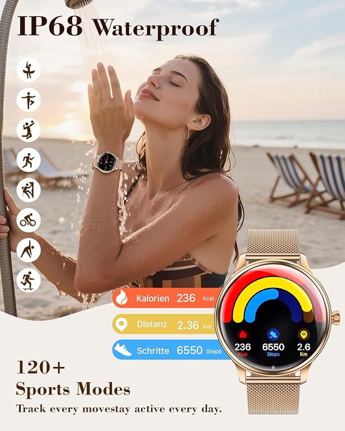 WalkerFit Smart Watch for Women 2025, 1.43" AMOLED, Bluetooth Call, Wireless Magnetic Charging, Female Health Tracker, 120+ Sport Modes, IP68 Waterproof Fitness Smartwatch for Android iOS (Pink)