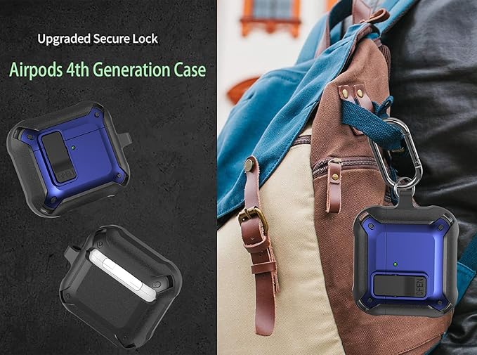 for Airpods 4 Case with Lock Clid, Rugged Apple Airpods 4th Generation Cover 2024 Men Women, Armor Shockproof iPod 4 Gen Protective Hard Shell with Carabiner&Cleaner kit, Black/Blue