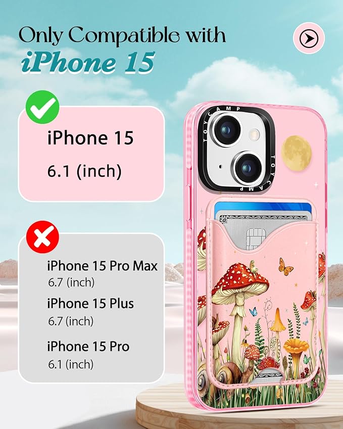 Toycamp for iPhone 15 Case - Compatible with Magsafe with Credit Card Holder Wallet Magnetic Cute Women Teen Girls Kawaii Girly Unique Moon Design Pretty Phone Cover for Apple 15 6.1"