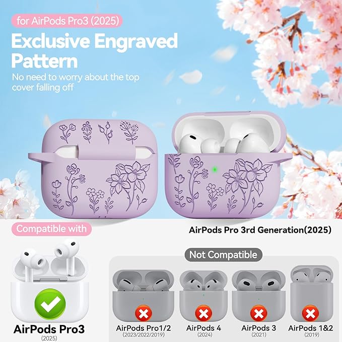 for Airpods Pro 3 Case, Flower Engraved Case Cover Compatible with AirPods Pro 3rd Generation 2025, Soft Silicone Cases with Cute Keychain & Cleaner for Women Girly, Shockproof