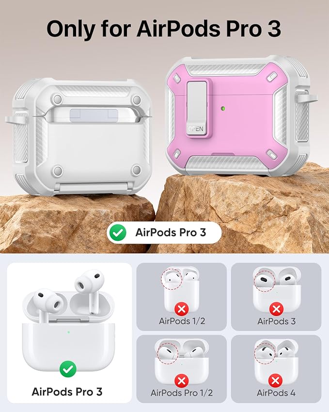 MoKo for AirPods Pro 3 Case with Lock 2025 - Compatible with MagSafe, Phone Stand & Auto Pop-up for AirPods Pro 3rd Generation Case, Military-Grade Protective Cover with Cleaner Kit, White + Pink