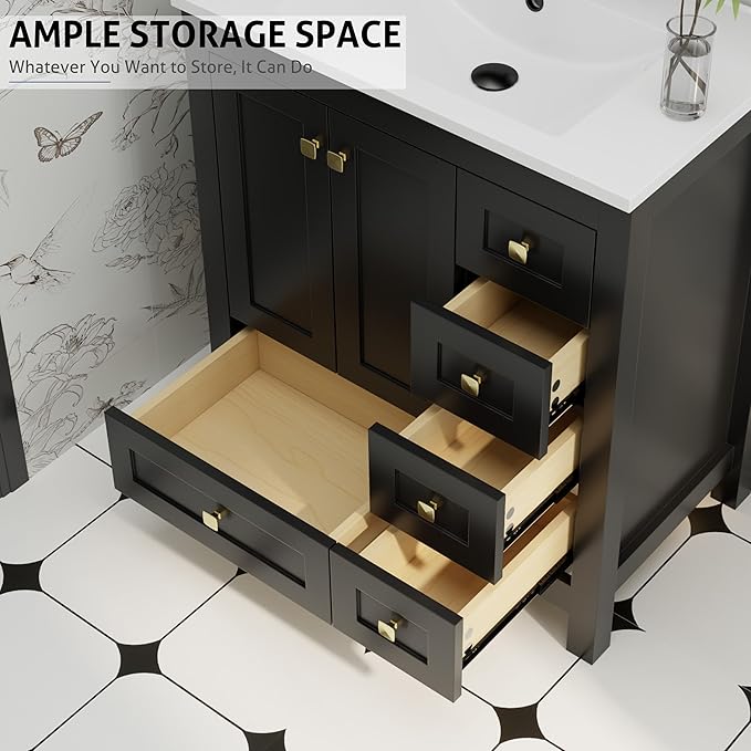 eclife 30" Bathroom Vanities with Sink Combo, Modern Thickened Wood Bathroom Storage Cabinet w/Undermount Sink, Matte Black Faucet Drain, Painted Surface, Black