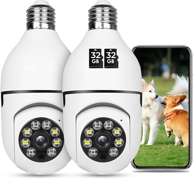 Light Bulb Security Camera with Night Vision,Motion Detection,360° Remote Viewing,Real-Time Alerts for Home Safety,Indoor and Outdoor Cam,2 Packs with 2pcs 32G Memory Card,0 Monthly Fee