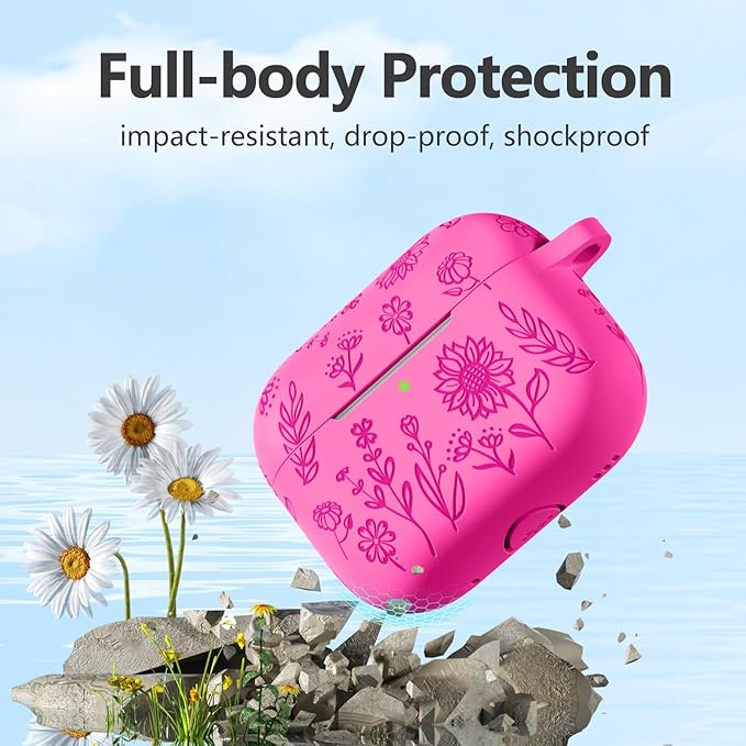 Hamile for AirPods Pro 2nd Generation Case with Cleaner Kit & Keychain, Cute Flower Engraved Soft Silicone Protective AirPods Pro Case Cover for Apple AirPods Pro Case 2nd/1st Generation, Rose Pink