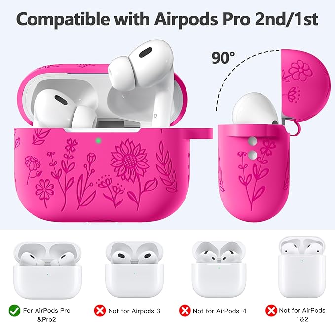 Hamile for AirPods Pro 2nd Generation Case with Cleaner Kit & Keychain, Cute Flower Engraved Soft Silicone Protective AirPods Pro Case Cover for Apple AirPods Pro Case 2nd/1st Generation, Rose Pink