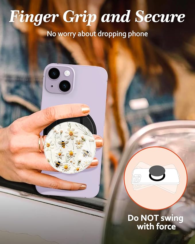 Kidcube Magnetic Phone Grip Compatible with Magsafe - Cell Phone Grip Stand Ring Holder Magnet Kickstand Removable Accessories for iPhone 16 Pro Max/16/15/14/13/12 Series Cute Girly Bee Flowers