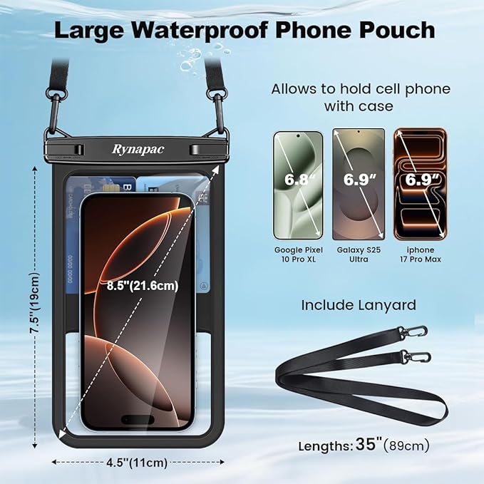 [Up to 8.5"] Waterproof Phone Pouch Bag - 2 Pack IPX8 Waterproof Phone Case for iPhone 17 16 15 14 Pro Max Galaxy S26 S25 Ultra, Touchscreen & Underwater Photography, Beach Cruise Travel Essentials