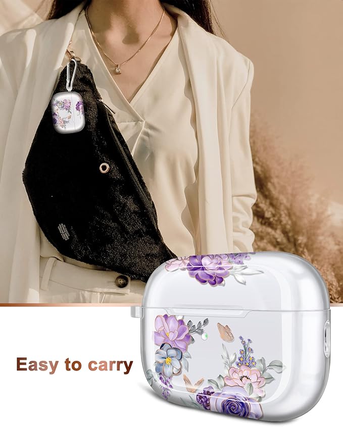 JIAXIUFEN Compatible with AirPods Pro 2019 / Airpods Pro 2nd Generation Case Cover Gold Sparkle Glitter Butterfly Design Cute Full Protective TPU Skin Accessories for Women Girl Flower Purple