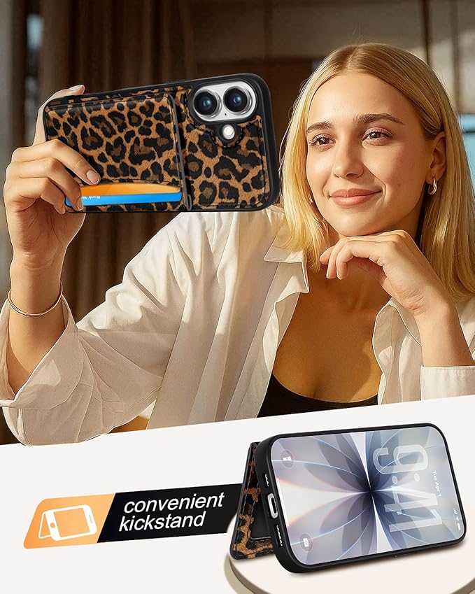 for iPhone 17 Case with Wallet - Fits 4 Card Slots, Compatible with MagSafe for Women Aesthetic Durable PU Leather Credit Card Holder Kickstand Phone Cover for Apple 17, Leopard Print