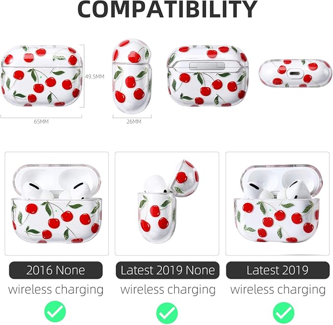 Compatible with Apple Airpods Pro Case for Women, Clear with Designs Patterns Hard PC Shockproof [Front LED Visible ] Anti-Fall Full Protector Cover, Cherry