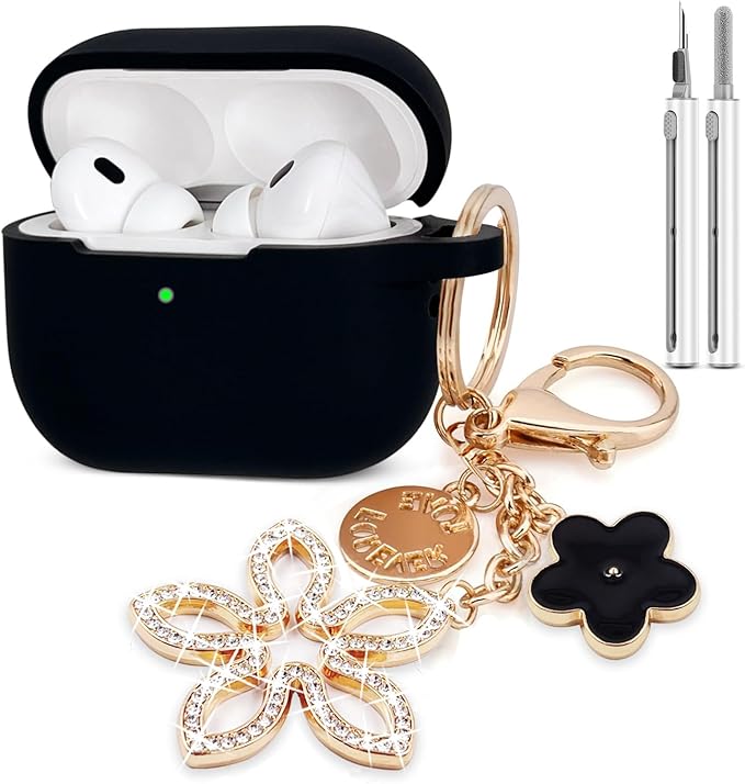 Compatible with AirPods Pro 2nd Generation Case with Cleaner Kit, Silicone Protective Case for Apple AirPod Pro 2nd/1st Earbuds Wireless Charging Cases with Bling Keychain (Black)