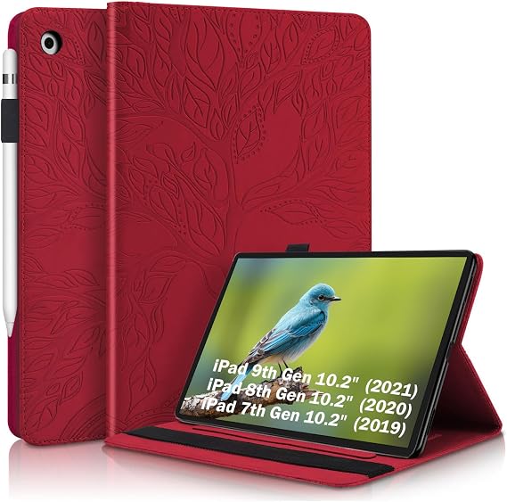 Portfolio Cover for 10.2 Inch ipad Case, Unique Tree Design with Card Slots, Slim and Lightweight with Magnetic Auto Sleep, Precise Cutouts Compatible with iPad 9th / 8th / 7th Gen Case Wine Red