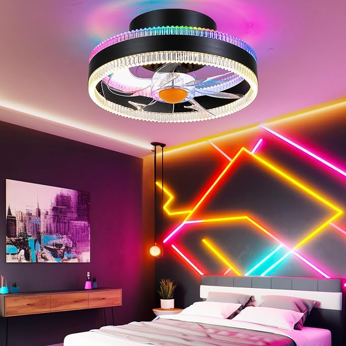 Flush Mount Ceiling Fans with Lights - RGB Low Profile Ceiling Fan,13" Small Dimmable LED Bladeless Ceiling Fans, Modern Enclosed LED-RGB Ambient Light for Bedroom, Kids Room, Party