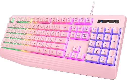 yesbeaut Pink Wired Keyboard, LED Backlit, 104 Keys Silent Light Up Gaming