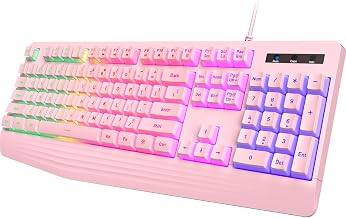 yesbeaut Pink Wired Keyboard, LED Backlit, 104 Keys Silent Light Up Gaming - Image 1