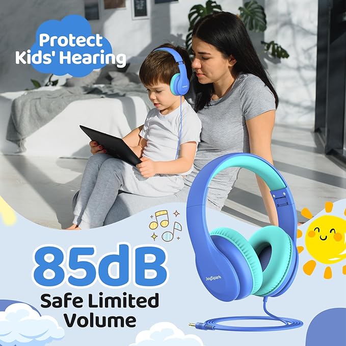 Wired Headphones for Kids, 85dB Volume Limit, 3.5mm Kids Headphones with Cord, Adjustable, Stereo Sound Foldable Toddler headsets for School-Blue
