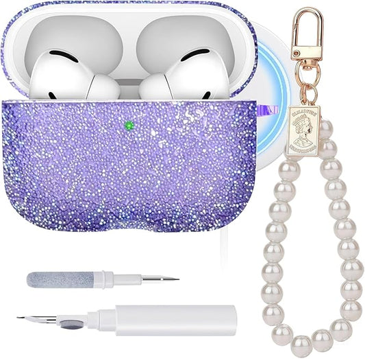 Glitter Case for Airpods Pro 3,with Pearl Wristlet Keychain & Cleaning Kit,Compatible with MagSafe,Sparkle TPU Cover for 2025 Airpods Pro 3rd Generation,Shiny Case for Women& Girl-Glitter Purple