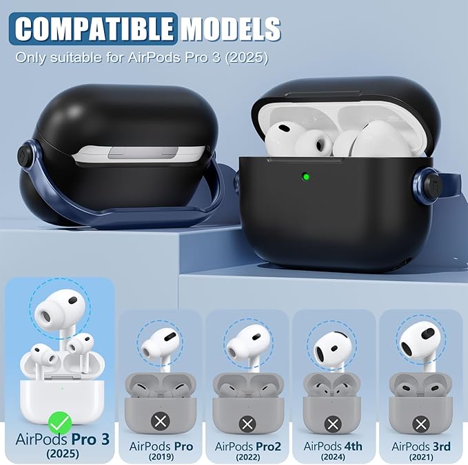 for Airpods Pro 3 Case,Safety Lock Cases for Apple Airpod Pro 3 (2025) with Cleaner Kit, Drop Protection Air pods Pro3 Case Cover for Men for Women with Keychain,Black+Blue