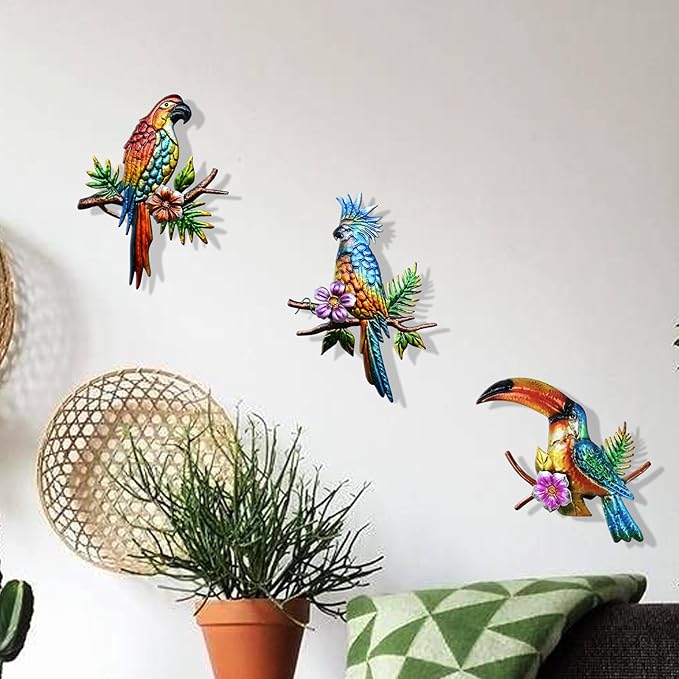 Voumsil 3 PCS Metal Birds Wall Decor Parrot Toucans Tropical Wall Art Outdoor Wall Sculpture for Patio Balcony Garden Fence Wall Decor for Bedroom Living Room Indoor Wall Hanging