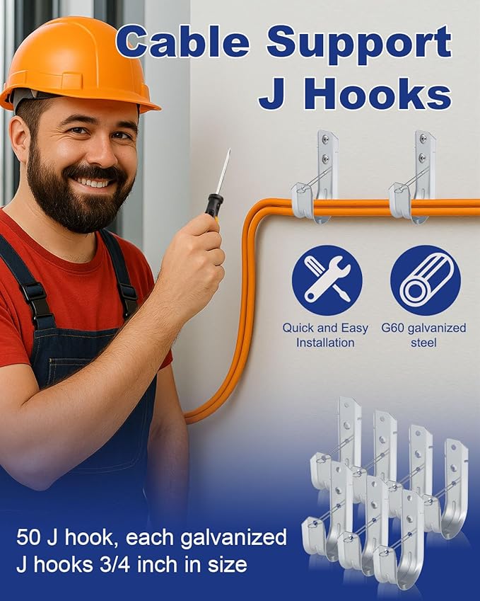 50 Pcs 2" Galvanized Steel J-Hooks, Heavy Duty Wall Mount Cable Support J Hook with Retainer Clip for Cable Management