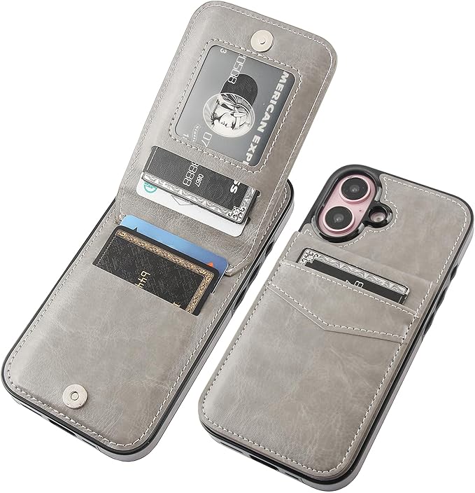 KIHUWEY Compatible with iPhone 16 Case Wallet with Credit Card Holder, Flip Premium Leather Magnetic Clasp Kickstand Heavy Duty Protective Cover for iPhone 16 6.1 Inch (Gray)