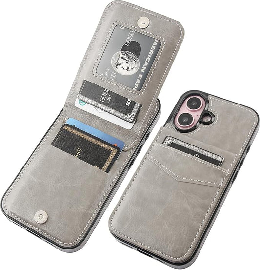 KIHUWEY Compatible with iPhone 16 Case Wallet with Credit Card Holder, Flip Premium Leather Magnetic Clasp Kickstand Heavy Duty Protective Cover for iPhone 16 6.1 Inch (Gray)