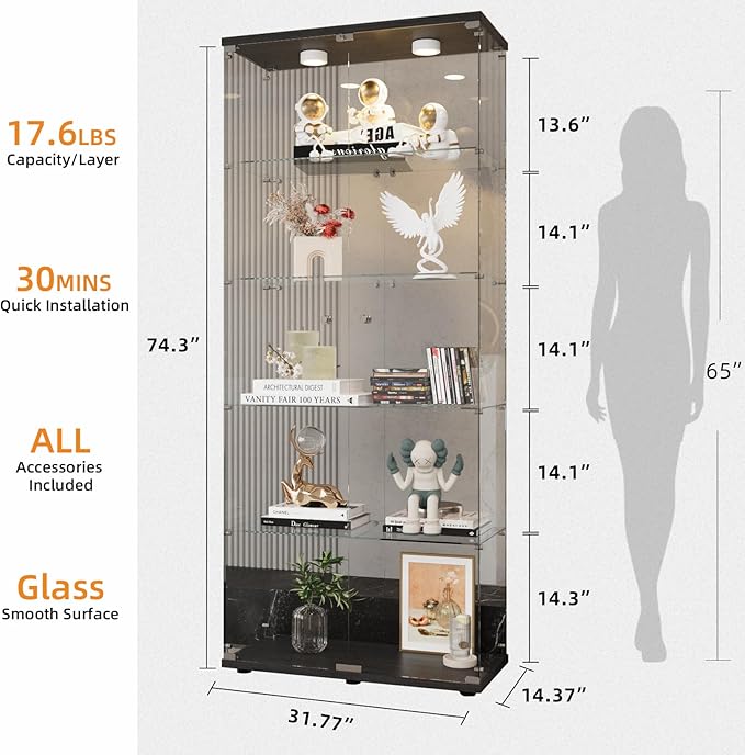 LFT HUIMEI2Y Glass Display Cabinet 5-Shelf with LED Lights and Lock, 2 Door Curio Cabinets Upgraded Quick-Install Style Tempered Glass Floor Standing Bookshelf for Living Room, Bedroom, Kitchen Black
