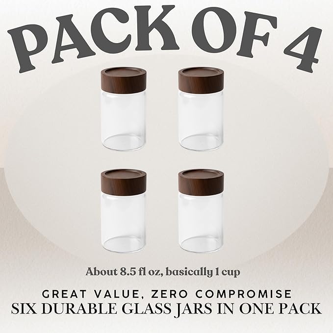 Wide Mouth Glass Storage Jars With 2.5" Acacia Wood Lids - 4 Pack of 8.5 Oz Food Storage Containers - Borosilicate Glass Canisters Sets For Kitchen - Pantry Organizers and Storage for Rice Coffee