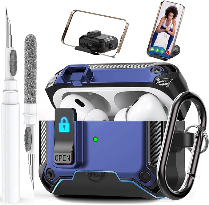 for Airpods Pro 2/1 Gen Case Cover with Lock&Phone Stand (2019/2022/2023), Rugged Case for Airpod Pro 2nd/1st Generation Shockproof Armor Protective Skin for Apple iPod Pro, Black/Blue