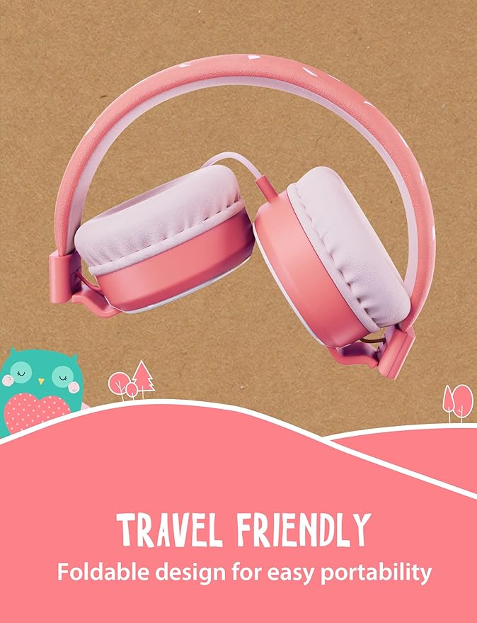 Planet Buddies Kids Headphones, On Ear Wired Headphones for Kids, 85db Volume Limiter, Safe Foldable Wired Earphones for Kids with Microphone, Kids Headset for School, Travel, Pink Owl