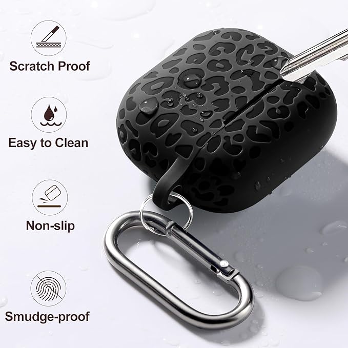 Leopard Engraved for AirPods 4 Case Cover 2024,Soft Silicone Protective Case Compatible with Apple AirPods 4th Generation Case for Women,Cute AirPod 4 Case Accessories with Keychain (Black)