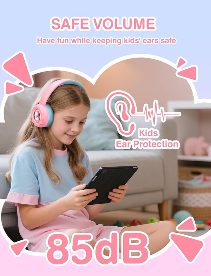Kids Bluetooth Headphones, Rainbow LED Light, Unicorn Buddy, 85dB Volume Limited, 60 Hours Playtime, Bluetooth 5.3, USB C, Kids Wireless Headphones for iPad/Tablet/Travel/School, Durable