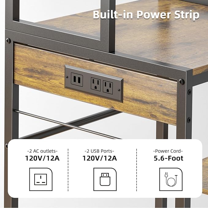 Multifunctional 6-Tier Mini Fridge & Microwave Stand with 2 AC/2 USB Outlets - Coffee Bar & Bakers Rack Storage Shelf, Mini Fridge Cabinet for Kitchen, Dorm, Living Room