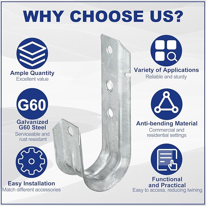 Gisafai 50 J Hooks for Hanging, Heavy Duty J Hooks, Metal Cable Hook for Wire Management, Ul Certification, G60 Galvanized Steel (1/5-16 Inch)