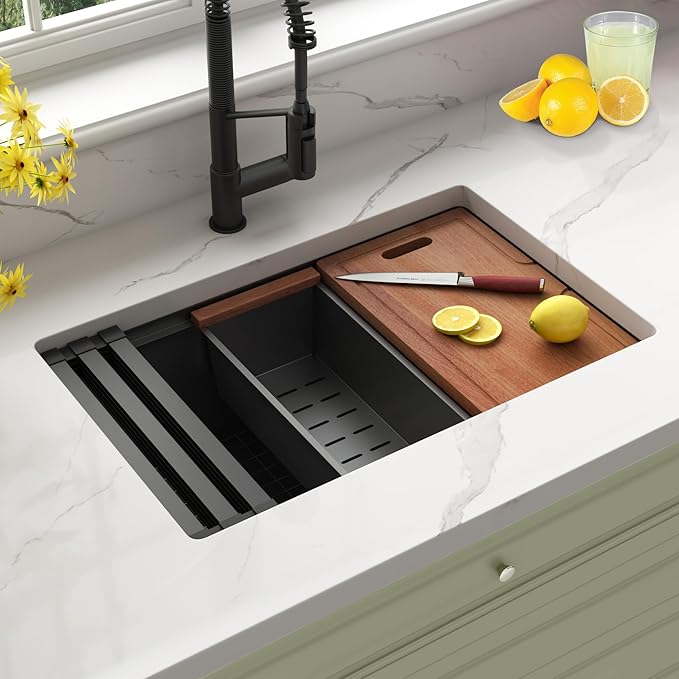 Black Undermount Kitchen Sink,16 Gauge Stainless Steel Sinks,Single Bowl Workstation Sink,Modern Kitchen Sink Offset Drain (28" X 18")