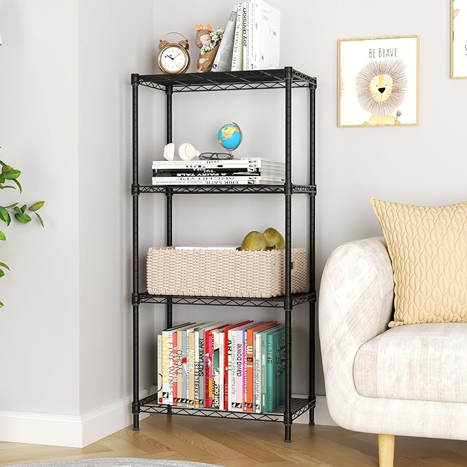 4 Tier Adjustable Storage Shelves,Heavy Duty Metal Utility Shelf 600LBS Capacity,Wire Shelving Unit Organizer Rack for Home Kitchen Office BathroomM Pantry Room 12" D x 22" W x 44" H Black