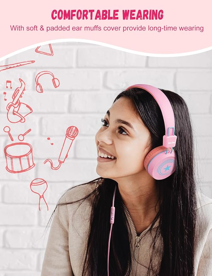 New Bee Kids Headphones for School with Microphone KH20 HD Stereo Safe Volume Limited 85dB/94dB Foldable Lightweight On-Ear Headphone for boy Mac/Android/Kindle/Tablet/Pad